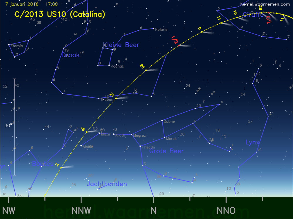 De komeet C/2013 US10 (Catalina) aan de avondhemel