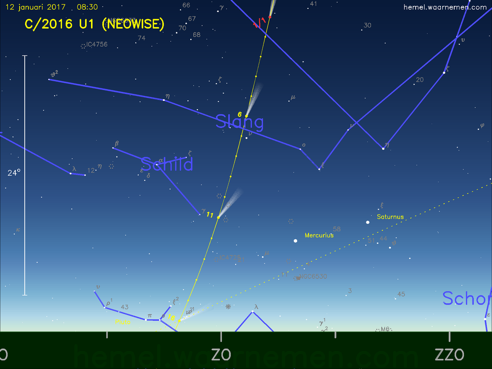 De komeet C/2016 U1 (NEOWISE) aan de ochtendhemel