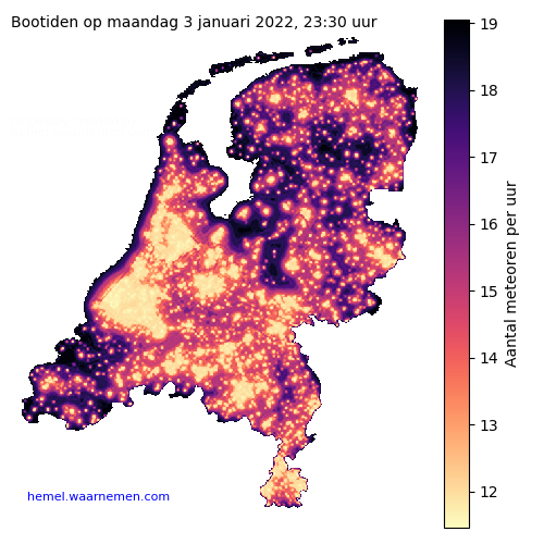 Kaart van Nederland met aantallen Bootiden voor middernacht