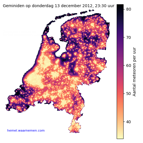 Kaart van Nederland met aantallen Geminiden voor middernacht