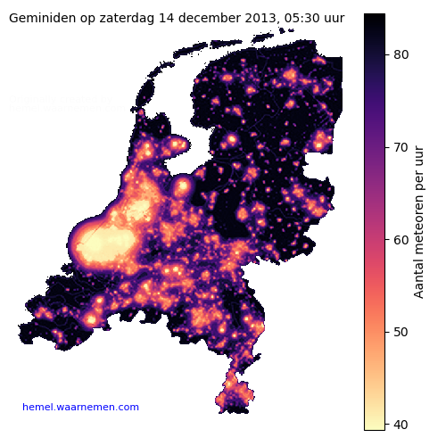 Kaart van Nederland met aantallen Geminiden tijdens het maximum