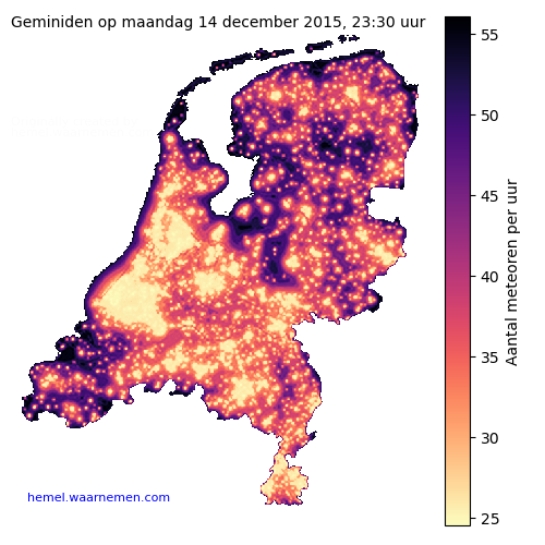 Kaart van Nederland met aantallen Geminiden voor middernacht