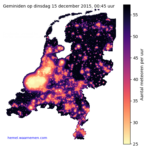 Kaart van Nederland met aantallen Geminiden tijdens het maximum