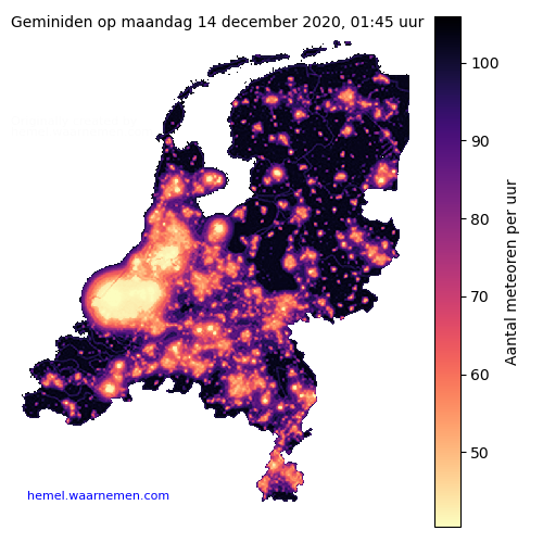 Kaart van Nederland met aantallen Geminiden tijdens het maximum