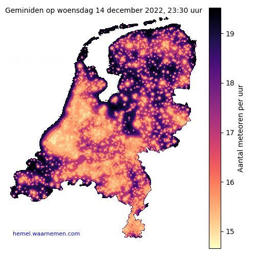 Kaart van Nederland met aantallen Geminiden voor middernacht