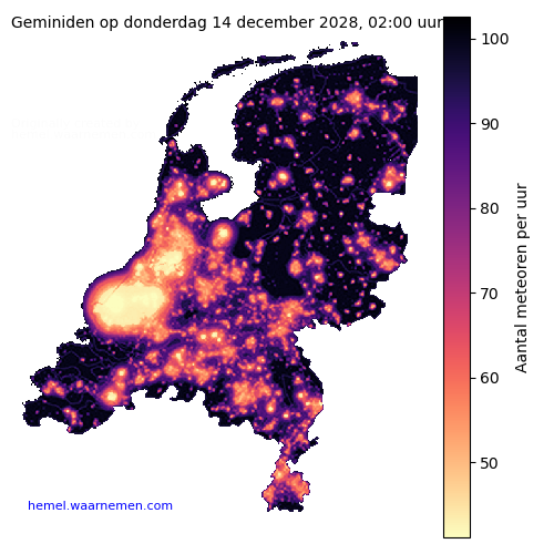 Kaart van Nederland met aantallen Geminiden tijdens het maximum