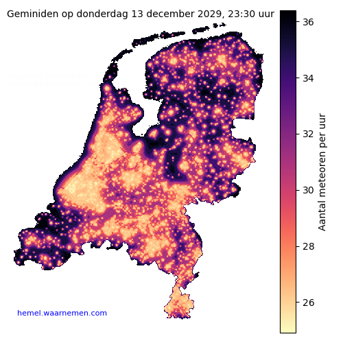 Kaart van Nederland met aantallen Geminiden voor middernacht