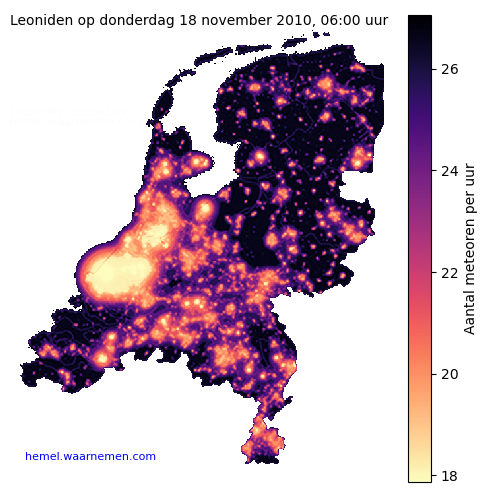 Kaart van Nederland met aantallen Leoniden tijdens het maximum