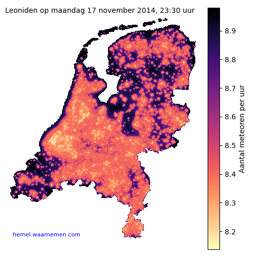 Kaart van Nederland met aantallen Leoniden voor middernacht