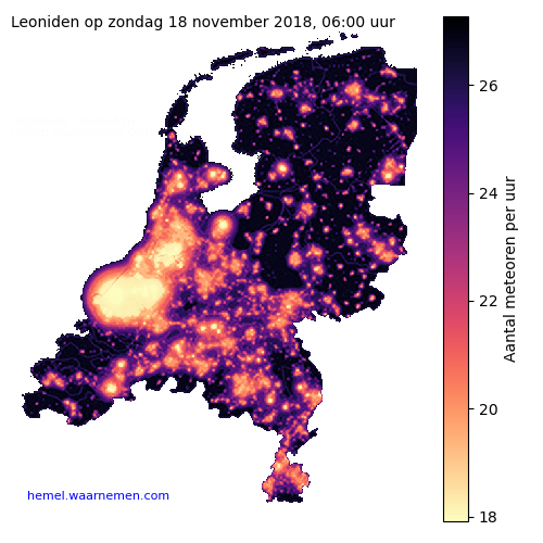 Kaart van Nederland met aantallen Leoniden tijdens het maximum