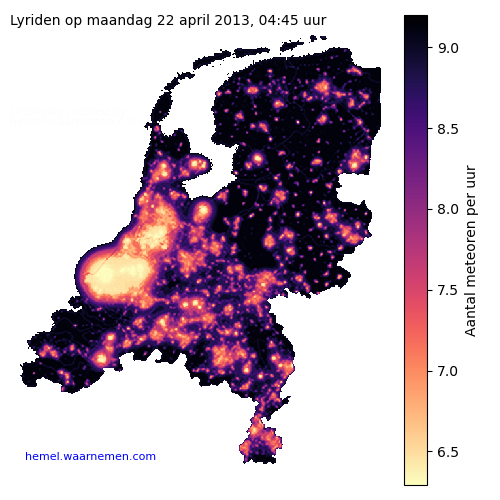 Kaart van Nederland met aantallen Lyriden tijdens het maximum