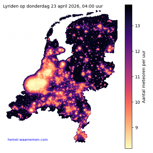 Kaart van Nederland met aantallen Lyriden tijdens het maximum