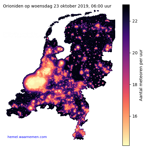 Kaart van Nederland met aantallen Orioniden tijdens het maximum