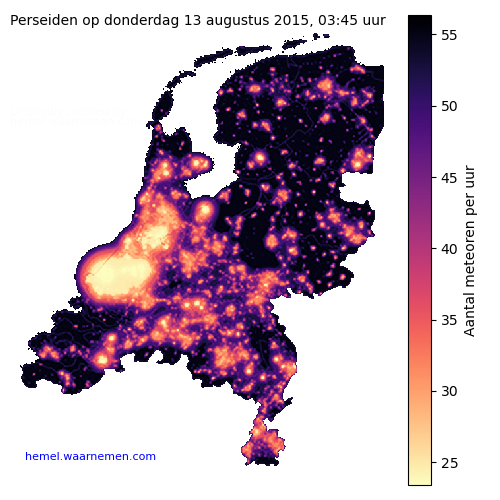 Kaart van Nederland met aantallen Perseiden tijdens het maximum