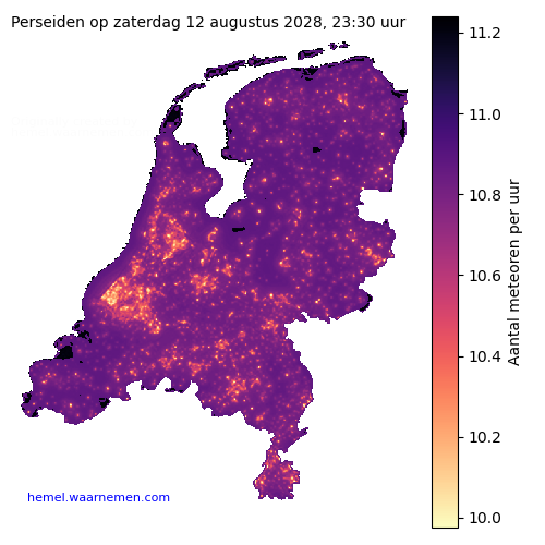 Kaart van Nederland met aantallen Perseiden voor middernacht