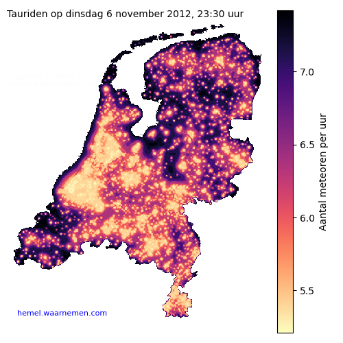 Kaart van Nederland met aantallen Tauriden voor middernacht