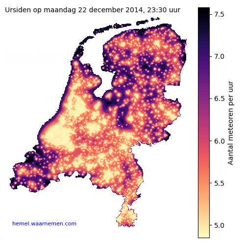 Kaart van Nederland met aantallen Ursiden voor middernacht