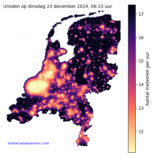 Kaart van Nederland met aantallen Ursiden tijdens het maximum