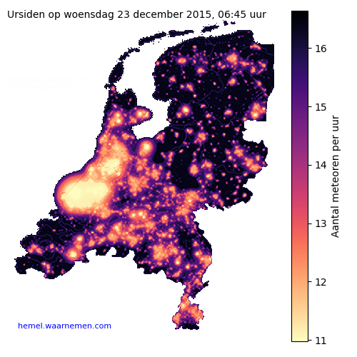 Kaart van Nederland met aantallen Ursiden tijdens het maximum