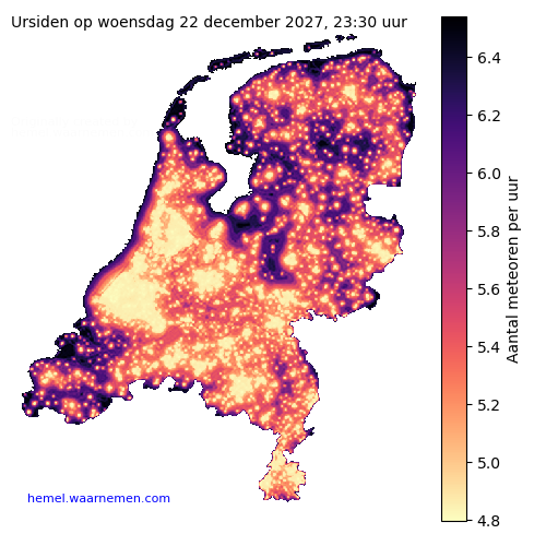 Kaart van Nederland met aantallen Ursiden voor middernacht