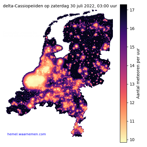 Kaart van Nederland met aantallen delta-Cassiopeiiden tijdens het maximum