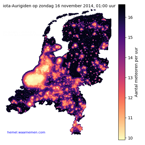 Kaart van Nederland met aantallen iota-Aurigiden tijdens het maximum