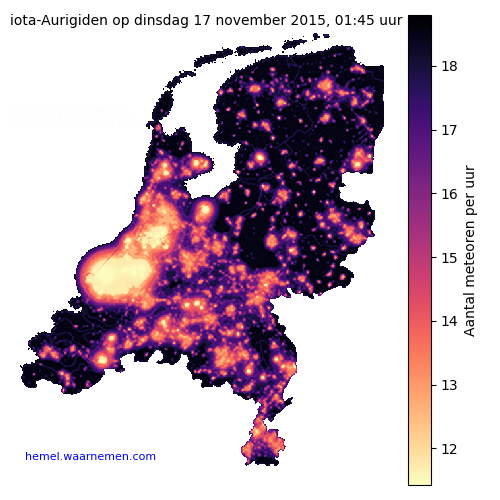 Kaart van Nederland met aantallen iota-Aurigiden tijdens het maximum