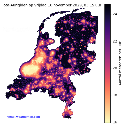 Kaart van Nederland met aantallen iota-Aurigiden tijdens het maximum